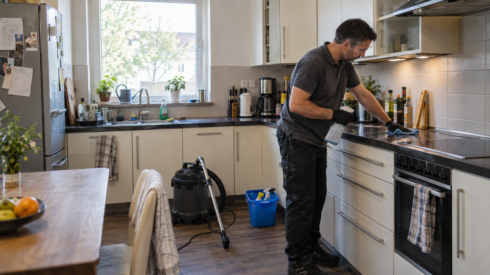 Reinigungsfachkraft wischt professionell eine Küchenarbeitsplatte ab